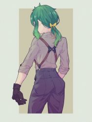 Rule 34 | 1girl, alternate costume, black gloves, black pants, bow, collared shirt, commentary request, cowboy shot, from behind, gloves, green hair, grey shirt, hair bow, hauru 252, highres, kaban (kemono friends), kemono friends, kemono friends 3, long sleeves, pants, ponytail, shirt, short hair, sidelocks, sleeves rolled up, solo, suspenders, yellow bow