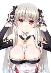 Rule 34 | 1girl, arms up, azur lane, bare shoulders, between breasts, black bow, blunt bangs, bow, breasts, bright pupils, cleavage, collarbone, commentary request, corset, detached collar, formidable (azur lane), frills, hair bow, hands in hair, large breasts, long hair, long sleeves, looking at viewer, makishima rin, red eyes, silver hair, simple background, solo, straight hair, twintails, upper body, very long hair, white background