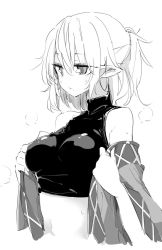 Rule 34 | 1girl, breasts, greyscale, hair between eyes, kamukamu (ars), medium breasts, midriff, mizuhashi parsee, monochrome, navel, pointy ears, simple background, solo, sweater, taut clothes, touhou, turtleneck, turtleneck sweater, upper body, white background
