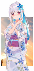 Rule 34 | 1girl, blue hair, blunt bangs, blurry, blurry background, blush, cloud, cloudy sky, colored inner hair, commentary, cowboy shot, crossed arms, double v, floral print, flower, grin, hair flower, hair ornament, highres, japanese clothes, kimono, lize helesta, long hair, looking at viewer, multicolored hair, nijisanji, obi, orange sky, outdoors, ponytail, red eyes, sash, silver hair, sky, smile, solo, straight hair, streaked hair, two-tone hair, v, virtual youtuber, virus (obsession), white kimono