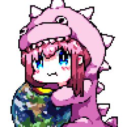 Rule 34 | 1girl, blue eyes, bocchi the rock!, chewing, dinosaur costume, dinosaur hood, downvote (downvote me), earth (planet), gotoh hitori, highres, long hair, looking at viewer, pink hair, pixel art, planet, simple background, solo, white background