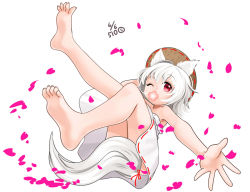Rule 34 | 1girl, animal ears, bad id, bad pixiv id, bare legs, bare shoulders, barefoot, convenient censoring, dated, dress, feet, flower, flower in mouth, full body, gotou (nekocat), hat, inubashiri momiji, looking at viewer, one eye closed, petals, red eyes, short hair, simple background, solo, tail, toes, touhou, white background, wolf ears, wolf tail
