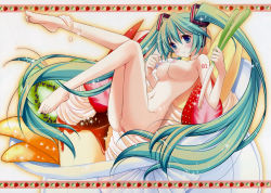 Rule 34 | absurdres, alternate breast size, aqua eyes, aqua hair, barefoot, blue hair, blush, bowl, breasts, caramel, cream, dessert, feet, food, fruit, green hair, hatsune miku, headphones, highres, inugahora an, kiwi (fruit), large breasts, legs, legs together, legs up, long hair, multicolored hair, navel, nipples, nude, orange (fruit), peach, plate, pudding, pussy, sitting, smile, sparkle, spring onion, strawberry, thighs, tray, twintails, uncensored, very long hair, vocaloid, whipped cream
