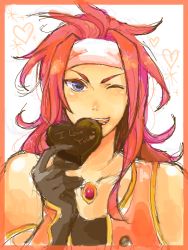 Rule 34 | 00s, 1boy, blue eyes, candy, chocolate, chocolate heart, food, gloves, headband, heart, long hair, male focus, red hair, solo, tales of (series), tales of symphonia, white background, wink, zelos wilder