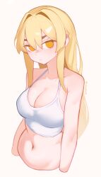 Rule 34 | 1girl, artist name, axolloid, blonde hair, breasts, camisole, cleavage, closed mouth, crop top, cropped torso, expressionless, highres, large breasts, long hair, looking at viewer, navel, original, simple background, solo, stomach, strap gap, white background, white camisole, yellow eyes