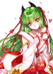 Rule 34 | 1girl, ass, blush, breasts, c.c., cleavage, code geass, creayus, detached collar, detached sleeves, green hair, heart, japanese clothes, long hair, looking at viewer, medium breasts, nail polish, no panties, petals, purple nails, sitting, smile, solo, twitter username, white background, yellow eyes