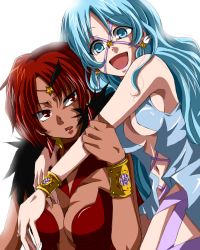 Rule 34 | 2girls, armlet, bishoujo senshi sailor moon, blue eyes, blue hair, breasts, cleavage, commentary request, dark-skinned female, dark skin, earrings, hug, jewelry, large breasts, lipstick, long hair, looking at another, looking at viewer, lots of jewelry, makeup, maru (092102040413), multiple girls, navel, open mouth, red eyes, red hair, sailor aluminum seiren, sailor lead crow, simple background, smile, star (symbol), star earrings, sweatdrop, white background