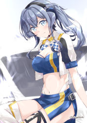 Rule 34 | 1girl, bandeau, blue bandeau, blue eyes, blue hair, blush, boots, breasts, cleavage, commentary request, cropped jacket, gotland (kancolle), headphones, headset, highres, jacket, kantai collection, large breasts, long hair, looking at viewer, midriff, mikage takashi, mole, mole under eye, navel, official alternate costume, ponytail, race queen, short sleeves, side slit, sitting, skindentation, skirt, smile, solo, swedish flag, thigh boots, thigh strap, thighhighs, twitter username, white footwear, white jacket