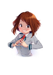 Rule 34 | 1girl, bad id, bad pixiv id, blush, boku no hero academia, breasts, brown eyes, brown hair, commentary, highres, large breasts, long sleeves, looking at viewer, open mouth, school uniform, short hair, simple background, smile, solo, u.a. school uniform, upper body, uraraka ochako, white background