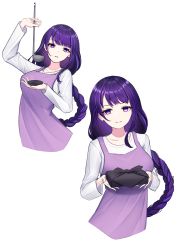 Rule 34 | 1girl, absurdres, apron, bad id, bad pixiv id, bento, braid, breasts, genshin impact, highres, ladle, large breasts, long hair, long sleeves, looking at viewer, low-braided long hair, low-tied long hair, mole, mole under eye, multiple views, nishiuji, purple apron, purple eyes, purple hair, raiden shogun, shirt, simple background, smile, white background, white shirt