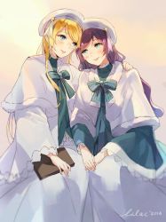 Rule 34 | 10s, 2girls, arm around shoulder, artist name, ayase eli, beret, blonde hair, blue eyes, bow, bowtie, fur trim, green eyes, hair down, hair ribbon, hand on another&#039;s shoulder, hat, lace-trimmed sleeves, lace trim, lilaccu, long hair, love live!, love live! school idol festival, love live! school idol project, multiple girls, purple hair, ribbon, robe, smile, striped bow, striped bowtie, striped clothes, striped neckwear, tojo nozomi, wide sleeves, yuri