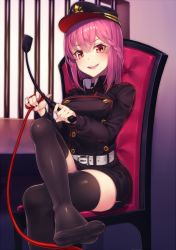 Rule 34 | 1girl, asisuki, bdsm, belt, black thighhighs, blush, braid, chair, crossed legs, dress, feet, femdom, foot focus, grin, hat, highres, holding, holding riding crop, leash, looking at viewer, military, military uniform, no shoes, open mouth, original, pink hair, red eyes, riding crop, short hair, sitting, skirt, smile, solo, teeth, thighhighs, tongue, uniform, whip, zettai ryouiki