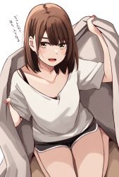 Rule 34 | 1girl, :d, arm up, barefoot, black shorts, blanket, bob cut, brown eyes, brown hair, collarbone, commentary request, highres, kapatarou, looking at viewer, nail polish, open mouth, original, red nails, shirt, short shorts, short sleeves, shorts, simple background, sitting, smile, solo, thick eyebrows, translation request, wariza, white background, white shirt