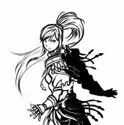 Rule 34 | 1girl, armor, drawfag, gauntlets, greyscale, highres, long hair, monochrome, non-web source, phiona, ponytail, solo, valkyrie profile: covenant of the plume, valkyrie profile (series), very long hair