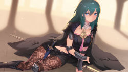 Rule 34 | 1girl, arm guards, armor, belt, black shirt, black skirt, blouse, blue eyes, blue hair, blush, boots, breasts, brown pantyhose, byleth (female) (fire emblem), byleth (fire emblem), cait aron, cape, dagger, fire emblem, fire emblem: three houses, gloves, green hair, hair between eyes, high heel boots, high heels, highres, knee boots, knife, lace, lace-trimmed legwear, lace trim, long hair, looking at viewer, medium breasts, medium hair, miniskirt, nintendo, pantyhose, pantyhose under shorts, parted lips, sheath, shirt, shorts, sidelocks, sitting, skirt, solo, sword, weapon