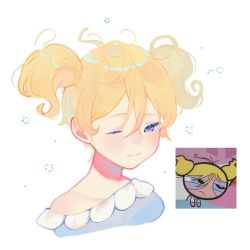 Rule 34 | 1girl, blonde hair, blue eyes, blue pajamas, blush, bubbles (ppg), buttercup redraw challenge (meme), derivative work, hair between eyes, highres, meme, messy hair, off shoulder, one eye closed, pajamas, paki2000, portrait, powerpuff girls, reference inset, screenshot inset, screenshot redraw, simple background, single bare shoulder, sleepy, solo, twintails, white background