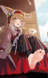 Rule 34 | 1girl, animal ears, apron, arknights, barefoot, black hakama, blonde hair, chinese commentary, coin purse, commentary request, dango, diestren, fangs, feet, flower, food, fox ears, fox girl, fox tail, frilled apron, frills, green eyes, hair flower, hair ornament, hairband, hakama, hakama skirt, highres, japanese clothes, kimono, kitsune, kyuubi, multiple tails, no shoes, official alternate costume, okobo, open mouth, pink kimono, red hairband, sandals, sanshoku dango, skirt, socks, solo, suzuran (arknights), suzuran (yukibare) (arknights), tail, teeth, wagashi, waist apron, white apron