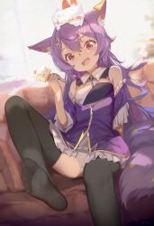 Rule 34 | 1girl, absurdres, animal ears, black thighhighs, cake, cake slice, feet, food, highres, light blush, long hair, looking at viewer, open mouth, panties, pantyshot, purple hair, red eyes, see-through, see-through legwear, soles, tail, thighhighs, toes, underwear, youyueyue