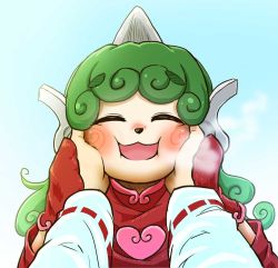 Rule 34 | :3, alternate costume, animal nose, blue sky, blush, chamaji, curly hair, closed eyes, gloves, green hair, hakurei reimu, hands on another&#039;s face, heart, horns, komano aunn, long hair, open mouth, out of frame, sky, smile, steam, swirl, touhou
