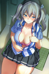Rule 34 | 10s, 1girl, black skirt, blue eyes, blush, bra, breasts, breath, cleavage, clerk, collarbone, curvy, downblouse, embarrassed, employee uniform, from above, grey hair, hat, highres, kantai collection, kashima (kancolle), large breasts, lawson, looking away, open clothes, open shirt, pink bra, sameda koban, shirt, short sleeves, sitting, skirt, solo, striped clothes, striped shirt, thick thighs, thighs, twintails, underwear, uniform, unzipped, vertical-striped clothes, vertical-striped shirt, wide hips