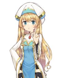Rule 34 | 10s, blonde hair, blue eyes, commentary, dress, goblin slayer!, hat, highres, long hair, looking at viewer, pout, priestess (goblin slayer!), sakutake (ue3sayu), simple background, solo, standing, white background, white dress, white hat