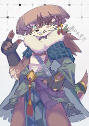 Rule 34 | 1boy, animal ears, blush, claws, commentary request, fang, fingerless gloves, furry, furry male, gloves, hand on own hip, hat, highres, loincloth, looking at viewer, male focus, mouth hold, one eye closed, otter (housamo), otter boy, otter ears, otter tail, pawpads, shishiba mono, smile, sparkling eyes, stalk in mouth, straw hat, tail, tokyo houkago summoners, translation request, whiskers