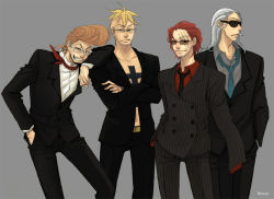 Rule 34 | 4boys, alternate costume, benn beckman, bespectacled, blonde hair, brown hair, collared shirt, crossed arms, formal, glasses, grey hair, hiang2, male focus, marco (one piece), multiple boys, necktie, one piece, red hair, red shirt, scar, shanks (one piece), shirt, suit, sunglasses, tattoo, thatch