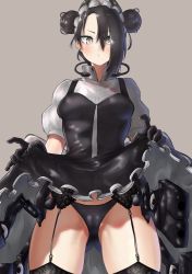 Rule 34 | 1girl, absurdres, agent (girls&#039; frontline), asymmetrical hair, black dress, black gloves, black panties, black thighhighs, cable, cameltoe, cannon, clothes lift, cowboy shot, double bun, dress, dress lift, frilled dress, frills, garter belt, garter straps, girls&#039; frontline, gloves, grey eyes, hair bun, hair ornament, hair over one eye, highres, lifted by self, maid, maid headdress, mechanical arms, mechanical parts, panties, ringlets, sangvis ferri, shooki (wadacchi non), short hair with long locks, short sleeves, simple background, solo, tan background, thighhighs, thighs, underwear