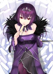Rule 34 | 1girl, bare shoulders, breasts, cleavage, commentary request, dress, fate/grand order, fate (series), food, from above, fur trim, hair between eyes, highres, jewelry, large breasts, licking, long hair, looking at viewer, pantyhose, popsicle, purple dress, purple hair, red eyes, satoshiki, scathach (fate), scathach skadi (fate), solo, tiara