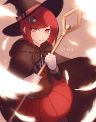Rule 34 | 1girl, :3, artist name, black cape, black hat, blazer, bob cut, cape, commentary request, danganronpa (series), danganronpa v3: killing harmony, dated, feathers, hair ornament, hairclip, hat, highres, holding, holding staff, hood, jacket, looking at viewer, pleated skirt, red eyes, red hair, school uniform, short hair, skirt, smile, staff, tokilos, white feathers, witch hat, yumeno himiko