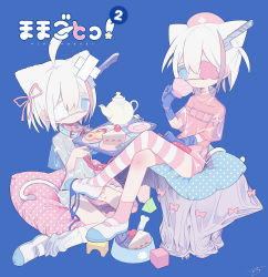 Rule 34 | 3girls, ahoge, animal ears, asymmetrical legwear, bikini, bikini under clothes, blue background, blue bikini, blue collar, blue eyes, blue gloves, blue nails, bone, bowl, cake, cake slice, cat ears, cat girl, cat tail, chain, chain leash, collar, colored eyepatch, commentary, cookie, crossed legs, cup, cushion, dress, extra ears, eyepatch, fish, food, fork, gloves, hair ribbon, hat, high collar, highres, holding, holding cup, holding leash, holding tray, human chair, human furniture, japanese clothes, kimono, knife in head, leash, looking at viewer, loose socks, medical eyepatch, mismatched legwear, multicolored hair, multiple girls, nail polish, navel, nurse cap, object through head, one eye covered, original, outo eguchi, parted lips, pet bowl, pink dress, pink headwear, pink ribbon, pink socks, pink thighhighs, plate, ribbon, saucer, see-through, see-through kimono, shoes, short dress, short hair, short kimono, short sleeves, signature, simple background, single thighhigh, sitting, sitting on person, socks, strawberry shortcake, streaked hair, striped clothes, striped thighhighs, sweat, swimsuit, tail, teacup, teapot, thighhighs, thumbprint cookie, toy block, tray, uneven legwear, unworn bikini top, uwabaki, wariza, white footwear, white hair, white socks