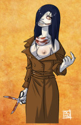 Rule 34 | 1girl, beckoning, black hair, blood, breast slip, breasts, coat, dalehan, glasgow smile, grin, hair over eyes, kuchisake-onna, lips, long hair, mask, unworn mask, medium breasts, mouth mask, nipples, no bra, one breast out, original, pale skin, rape face, scissors, smile, solo, traditional youkai, trench coat, yellow eyes