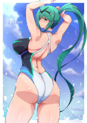 Rule 34 | 1girl, ass, bare shoulders, blush, breasts, circlet, competition swimsuit, female focus, from behind, green eyes, green hair, highres, huge ass, huge breasts, long hair, looking at viewer, looking back, matching hair/eyes, nintendo, one-piece swimsuit, pneuma (xenoblade), ponponmaru, ponytail, shiny clothes, shiny skin, sideboob, skin tight, smile, solo, swimsuit, very long hair, water, wet, wet clothes, wet hair, xenoblade chronicles (series), xenoblade chronicles 2