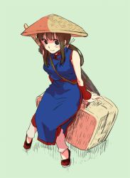 Rule 34 | 1girl, black eyes, black hair, chi-chi (dragon ball), chinese clothes, dragon ball, fukuko fuku, grey background, hat, looking at viewer, ponytail, shaded face, simple background, sitting, smile, solo, solo focus, straw hat, wristband