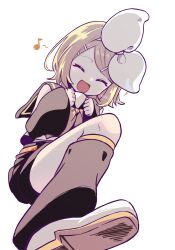 Rule 34 | 1girl, :d, ^ ^, absurdres, bare shoulders, blonde hair, bow, clenched hand, closed eyes, detached sleeves, eighth note, foreshortening, from below, hair bow, happy, highres, kagamine rin, knees, leg warmers, musical note, noa (retsuhim6927), open mouth, sailor collar, shirt, shoes, shorts, sleeveless, sleeveless shirt, smile, sneakers, solo, treble clef, vocaloid, white bow, white footwear