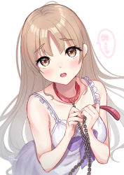 Rule 34 | 1girl, absurdres, blush, bow, brown eyes, brown hair, chain, chain leash, collar, collarbone, dress, highres, holding, holding leash, leash, long hair, looking at viewer, mizuiro 32, nijisanji, open mouth, purple bow, red collar, signature, simple background, sister claire, sister claire (7th costume), sleeveless, solo, very long hair, virtual youtuber, white background, white dress