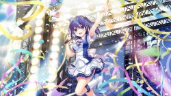 Rule 34 | 1girl, aqua eyes, arm up, ascot, back bow, blue dress, blue hair, blue hat, boots, bow, breasts, colored lights, concert, confetti, dress, film grain, frilled skirt, frills, game cg, glint, hat, holding, holding microphone, honjou kasumi, idol, idol clothes, izumi tsubasu, medium breasts, medium hair, microphone, mini hat, multicolored clothes, multicolored dress, non-web source, official art, open mouth, purple ascot, purple stripes, rafters, re:stage!, screen, short sleeves, skirt, smile, solo, sparkle, stage, stage lights, standing, standing on one leg, streamers, striped, striped bow, tilted headwear, waist bow, white dress, white footwear, white skirt, white stripes