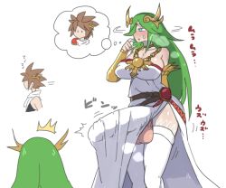 Rule 34 | 1boy, 1girl, angel, belt, blue eyes, breasts, brown hair, bulge, erection, erection under clothes, futanari, green hair, heavy breathing, highres, huge breasts, huge penis, huge testicles, imminent rape, jewelry, kid icarus, long hair, nintendo, nishikun, palutena, penis, pit (kid icarus), steaming body, sweatdrop, testicles, thick thighs, thighhighs, thighs, thinking, thought bubble, translation request, white thighhighs, wide hips