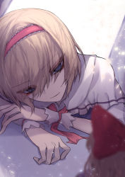 Rule 34 | 1girl, 33 gaff, alice margatroid, blonde hair, blue eyes, blurry, blurry foreground, capelet, closed mouth, hairband, indoors, light particles, lolita hairband, red hairband, red neckwear, shanghai doll, short hair, solo, touhou, white capelet, wrist cuffs