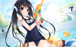 Rule 34 | 1girl, black hair, blush, character name, goggles, goggles on head, hatachi, highres, holding, hotch kiss, innertube, long hair, official art, official wallpaper, one-piece swimsuit, pool, purple eyes, rubber duck, school swimsuit, smile, solo, sumiyoshi nana, swim ring, swimsuit, translation request, twintails, water, water gun