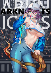 Rule 34 | 1girl, absurdres, alternate costume, aqua eyes, aqua hair, arknights, armpits, asbestos (arknights), text background, barcode, barcode tattoo, bare shoulders, blue jacket, blue pants, blue tongue, body writing, breast tattoo, breasts, candy, character name, collarbone, colored tongue, copyright name, covered erect nipples, food, hair between eyes, headphones, heart, heterochromia, high-waist pants, highres, holding, holding food, jacket, jewelry, large breasts, leaning forward, lollipop, long sleeves, looking at viewer, multicolored hair, open clothes, open jacket, open mouth, pants, pink eyes, purple hair, ring, sabou san-shitsu kokoro, saliva, saliva trail, sharp teeth, short hair, solo, standing, tail, tattoo, teeth, tongue, tongue out, two-tone hair, underboob, upper teeth only, yoga pants