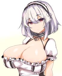 Rule 34 | 1girl, azur lane, breasts, cleavage, closed mouth, collar, commentary request, hairband, highres, huge breasts, looking at viewer, red eyes, short hair, short sleeves, simple background, sirius (azur lane), solo, sprout (33510539), upper body, white background, white hair