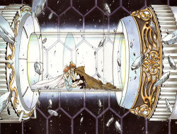 Rule 34 | 00s, 1boy, 1girl, bare shoulders, barefoot, brown hair, cape, clamp, couple, dress, glass, hetero, highres, jewelry, marker (medium), necklace, non-web source, official art, sad, sakura hime, scan, short hair, sitting, stone, traditional media, tsubasa chronicle, white dress, xiaolang