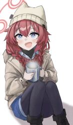 Rule 34 | 1girl, bag (chrko bag), black footwear, black pantyhose, blue archive, blue eyes, blue shorts, blush, boots, braid, cup, hair between eyes, halo, hat, holding, holding cup, jacket, long hair, long sleeves, looking at viewer, maki (blue archive), maki (camp) (blue archive), official alternate costume, open clothes, open jacket, open mouth, pantyhose, red hair, red halo, shorts, simple background, smile, solo, twin braids, white background, white hat, white jacket