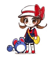 Rule 34 | 1girl, bag, bow, brown hair, creatures (company), game freak, gen 2 pokemon, gen 3 pokemon, hat, hat bow, holding, holding bag, loafers, looking at viewer, lyra (pokemon), marill, nintendo, overalls, pokemon, pokemon (creature), pokemon hgss, red shirt, shirt, shoes, smile, tama (hiroshige 36), twintails, white background, white headwear, white legwear
