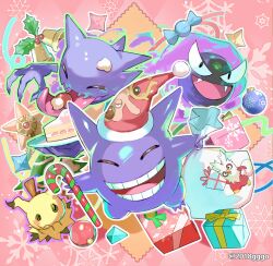 Rule 34 | :d, bauble, bell, black eyes, candy, candy cane, candy wrapper, character print, christmas, christmas ornaments, closed eyes, commentary request, creatures (company), delibird, fangs, food, game freak, gastly, gen 1 pokemon, gen 2 pokemon, gen 7 pokemon, gengar, hat, haunter, holding, holly, mimikyu, nintendo, no humans, open mouth, poke ball, pokemon, pokemon (creature), red headwear, santa hat, smile, stantler, staryu, teeth, tongue, yurian (user utch8788)
