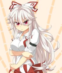 Rule 34 | 1girl, :&lt;, ashu, blouse, bow, collared shirt, frown, fujiwara no mokou, hair bow, holding elbow, long hair, multi-tied hair, open collar, red eyes, shirt, sleeves rolled up, solo, standing, suspenders, touhou, v-shaped eyebrows, very long hair, white hair, white shirt