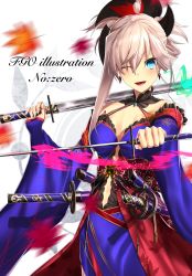 Rule 34 | 1girl, ;d, absurdres, aono meri, blue dress, blue eyes, blue sleeves, breasts, choker, cleavage, clothing cutout, copyright name, detached sleeves, dress, dual wielding, fate/grand order, fate (series), hair between eyes, highres, holding, holding sword, holding weapon, long hair, long sleeves, looking at viewer, medium breasts, miyamoto musashi (fate), miyamoto musashi (third ascension) (fate), navel, navel cutout, one eye closed, open mouth, silver hair, smile, solo, standing, sword, weapon, wide sleeves