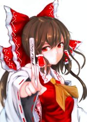 Rule 34 | 1girl, ascot, between fingers, bow, brown hair, detached sleeves, expressionless, foreshortening, hair bow, hair tubes, hakurei reimu, highres, holding, looking at viewer, looking to the side, lumo 1121, nose, ponytail, red eyes, ribbon-trimmed sleeves, ribbon trim, simple background, sleeveless, solo, talisman, touhou, upper body, white background