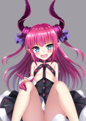 Rule 34 | &gt;:d, 10s, 1girl, :d, bad id, bad pixiv id, bare legs, black dress, blue eyes, blush, breasts, choker, dress, elizabeth bathory (fate), elizabeth bathory (fate/extra ccc), elizabeth bathory (fate/grand order), elizabeth bathory (first ascension) (fate), eyelashes, fangs, fate/extra, fate/extra ccc, fate/grand order, fate (series), grey background, harimoji, head tilt, horn ornament, horn ribbon, horns, legs up, long hair, looking at viewer, open mouth, pink hair, pointy ears, purple ribbon, revealing clothes, ribbon, simple background, sitting, small breasts, smile, solo, teeth, tsurime, underboob, v-shaped eyebrows, very long hair, wrist cuffs